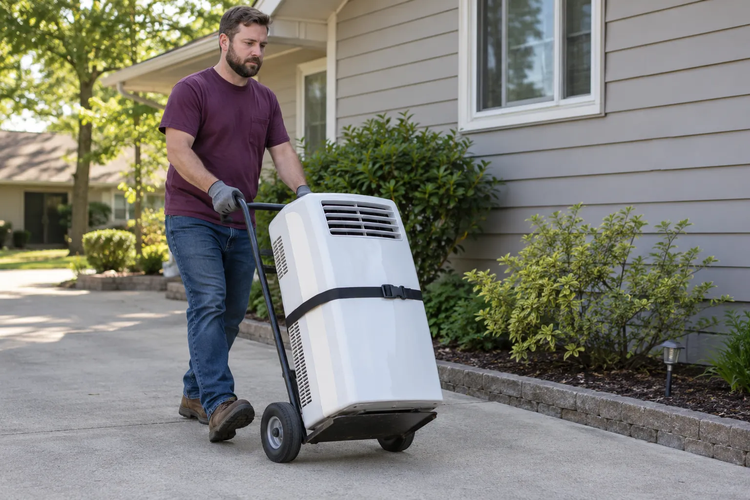 A detached room air conditioner being wheeled for collection
