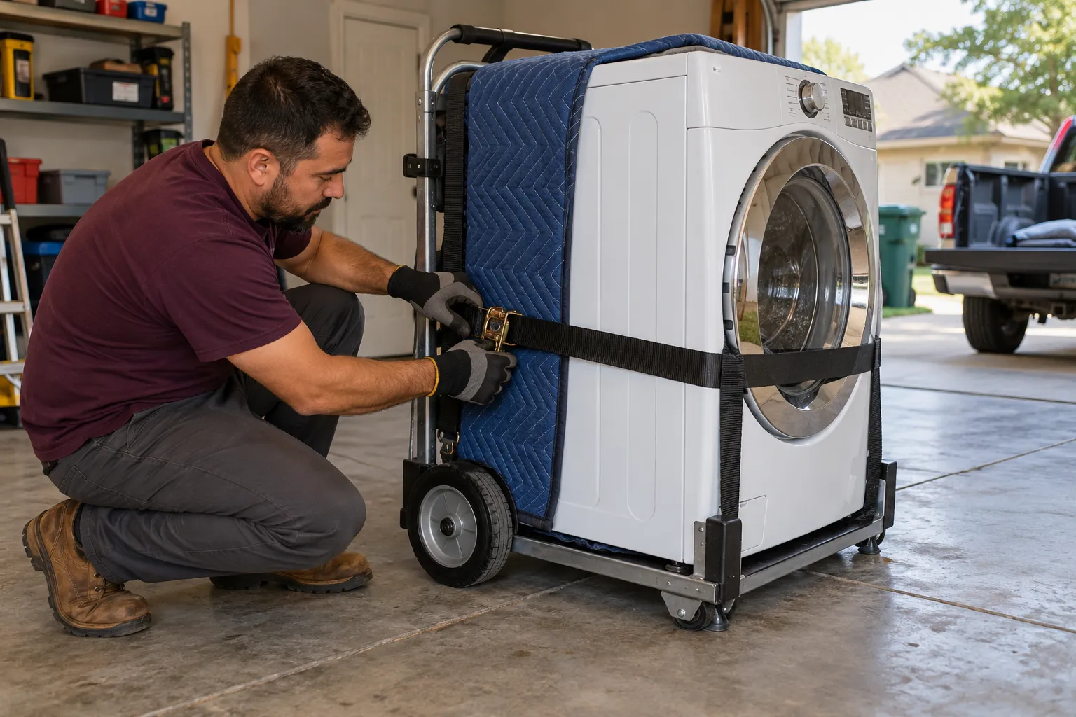 Moving blanket and strap being secured around a washing machine