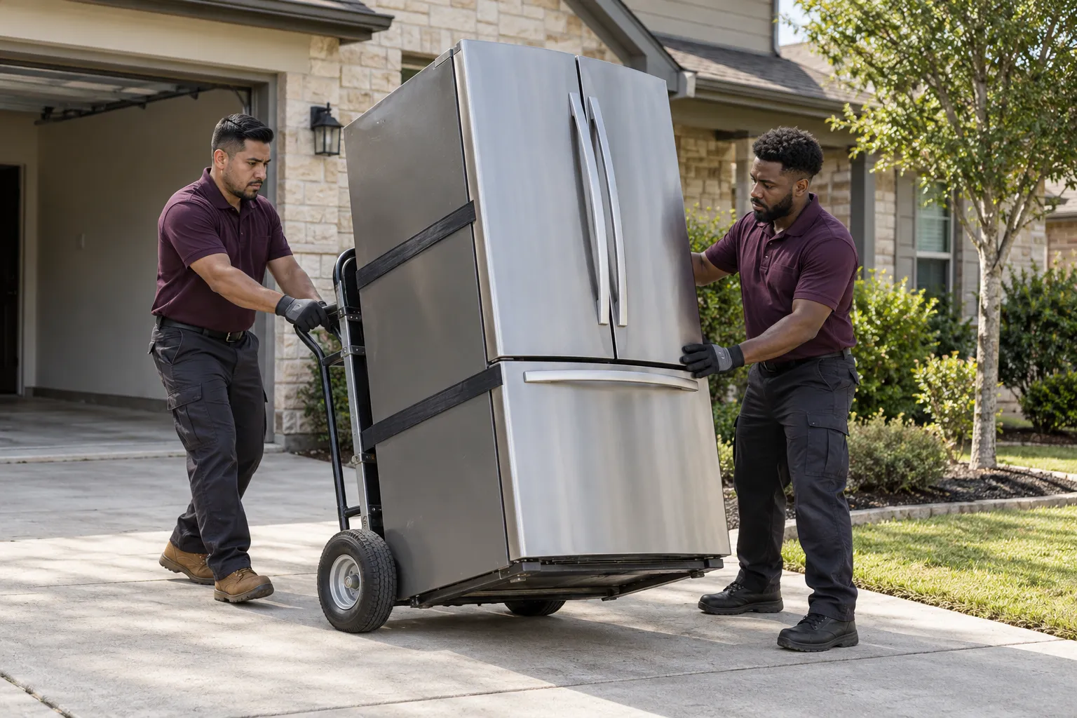 Movers guiding a refrigerator secured to an appliance dolly