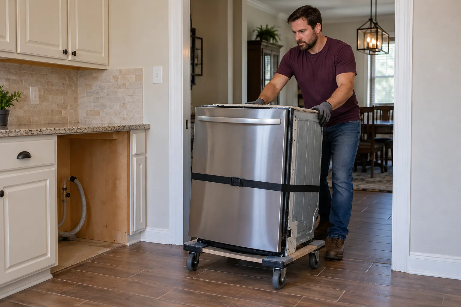 A disconnected dishwasher being wheeled through a kitchen