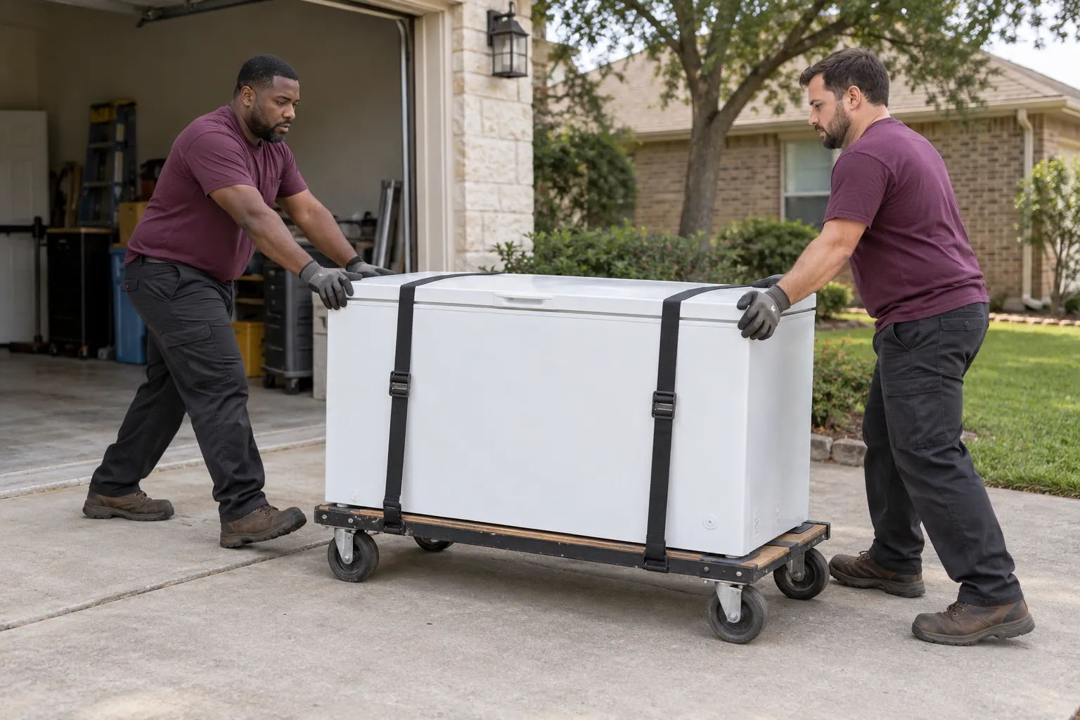A chest freezer being moved on a wheeled platform