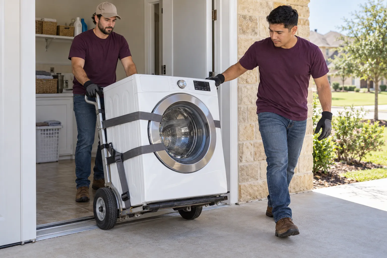 Movers guiding a washing machine through a doorway