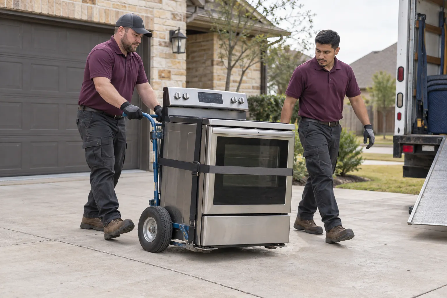 Movers transporting a freestanding range on a dolly