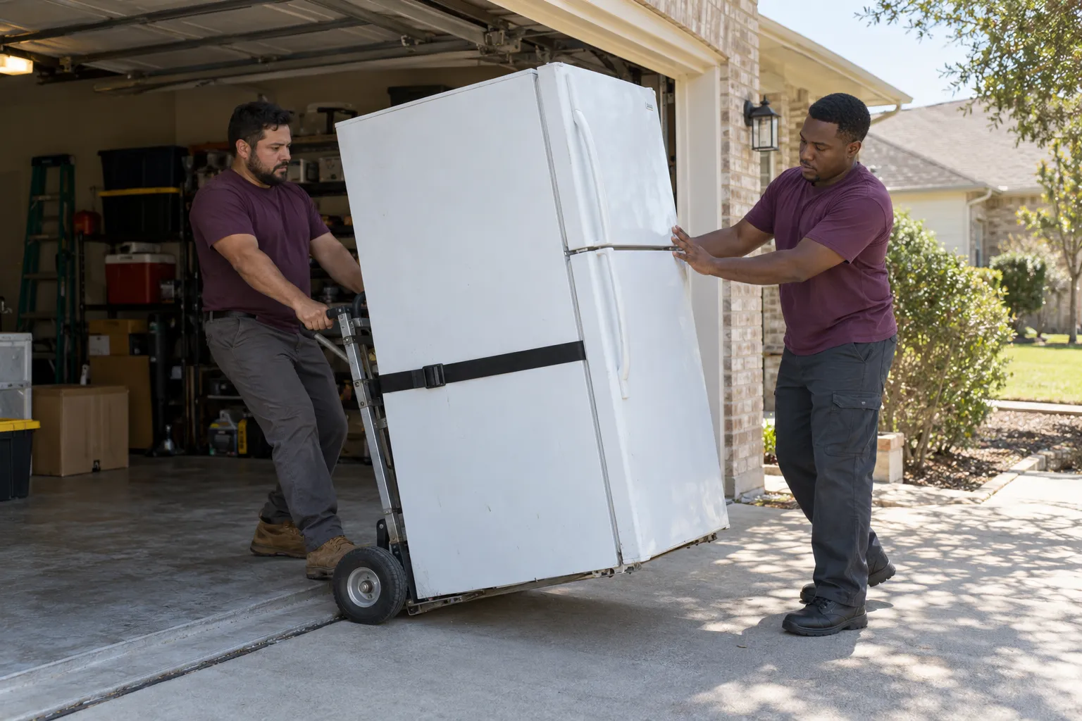 A refrigerator strapped to a dolly outside a garage
